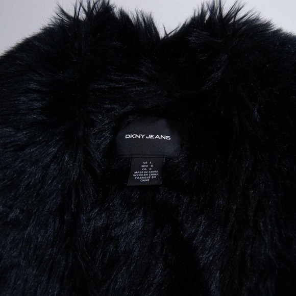 DKNY Black Faux Fur Collar Suede Vest Sleeveless Jacket Women's Large L - Picture 3 of 9